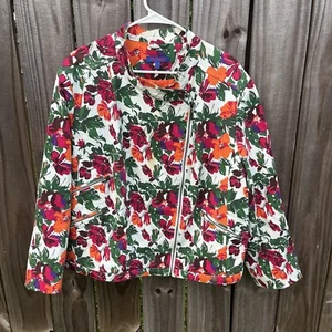 Twiggy London Red Floral Moto Zip Crop Denim Jean Jacket White 3X - Picture 1 of 10