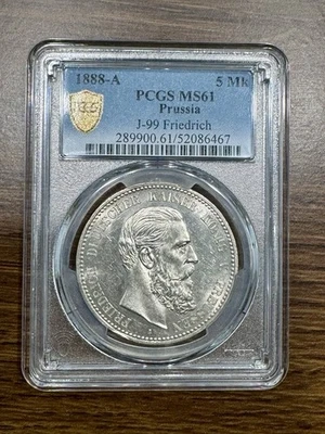 Moneda de plata 1888-A PRUSIA 5 marcos Federico Federico III PCGS Ms61 Luster Foto 1 de 4