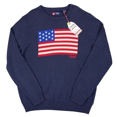 NWT Chaps Ralph Lauren Mens 2XL Blue Knit USA Flag Crewneck Sweater - Image 1 of 4