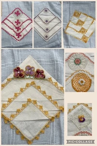 7 Leinen Taschentücher Häkelspitze 3D Blumen 4 Eckmuster Vintage 50er Jahre - Bild 1 von 15