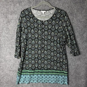 J. Jill Top Women's Petite PL Black Blue Print 3/4 Sleeve Popover Tunic BOHO - Picture 1 of 11