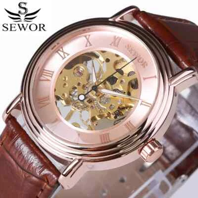 Reloj mecánico clásico de cuerda manual hueca para hombre de cuero dorado rosa esqueleto Foto 1 de 4