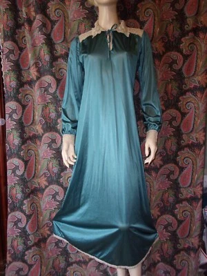 Vestido de noite vintage Miss Elaine turquesa com acabamento em renda manga longa náilon tricot P - Imagem 1 de 4