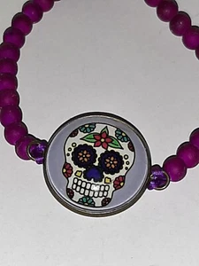 Giorno dei Morti Zucchero Teschio Bracciale Vintage Regolabile Perline Viola - Foto 1 di 6