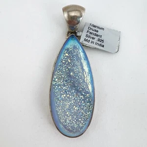 Sterling Silver Long Baby Blue Druzy Pendant Tear Drop NWT - Picture 1 of 10