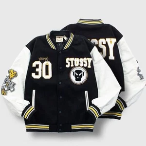 Stussy Black White Baseball Jacket Embroidered Unisex Fall-Winter Outerwear - Picture 1 of 11