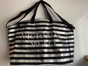 VICTORIA'S SECRET SILVER & BLACK STRIPE TOTE Weekender Travel bag new - Picture 1 of 5