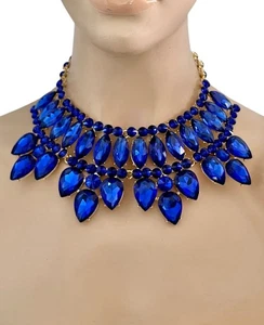 Luxurious classy Royal Blue Crystals Retro Look Cleopatra Statement Necklace Set - Picture 1 of 5