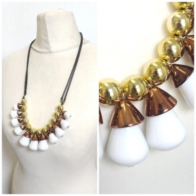 White, Copper, Gold Toned Bell Flower, Beaded black Strand Statement Necklace  - Image 1 of 4