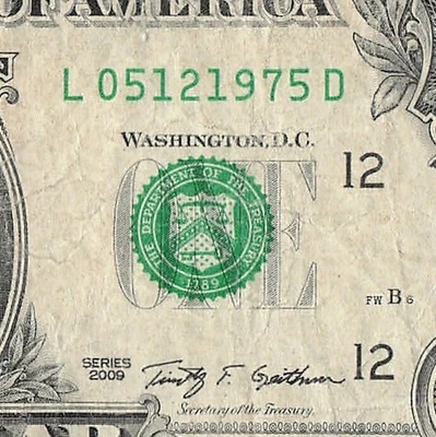 MAY 12 1975 Birthday Fancy Serial Number Date Note One Dollar Bill 05 12 1975 - Image 1 of 4