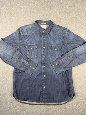 Camisa Lucky Brand Para Hombres L Azul Índigo Denim Perla A Presión Vaquero Occidental Lavado Oscuro Foto 1 de 4