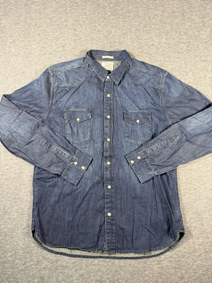 Camisa Lucky Brand Para Hombres L Azul Índigo Denim Perla A Presión Vaquero Occidental Lavado Oscuro Foto 1 de 4