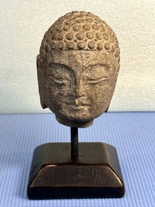 Authentic Vintage Small Carved Stone Buddha Head on Wooden Stand #A - Picture 1 of 7
