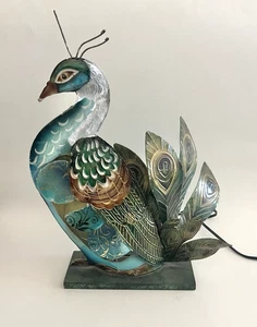 Vintage 1980s 1990s - Tin Light Up Peacock Lamp Figure Decor - 13" Tall - Picture 1 of 13