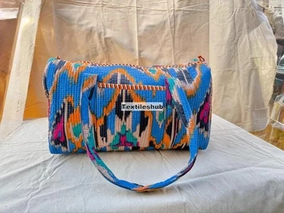 Sac Duffle En Coton Ikat Bleu Indien Matelassé Pour Femmes Sac De Voyage US - Photo 1/4