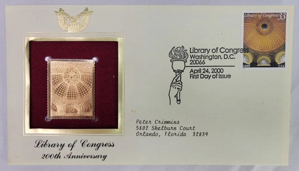 1st Day Issue 22kt Gold Stamp & Envelope - Library Of Congress 200th Anniversary - Image 1 of 3