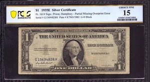 1935 E $1 SILVER CERTIFICATE NOTE MISSING OVERPTING ERROR OBSTRUCTION? PCGS F 15 - Picture 1 of 3