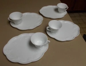 INDIANA HARVEST GRAPE COLONY WHITE MILK GLASS CUPS AND SNACK PLATES 4 SETTINGS - Picture 1 of 8