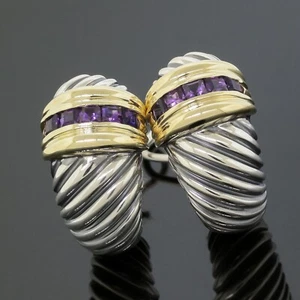 D.Yurman Amethyst Thoroughbred Cable Shrimp Hoop Earrings Silver/14K Yellow Gold - Picture 1 of 5