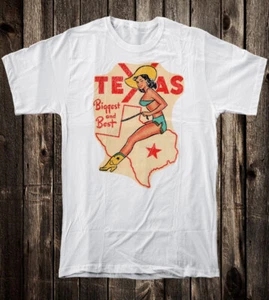 Camiseta de Viaje Retro Estrella del Estado de Texas Pinup Chica Vaquera Más Grande y Mejor - Imagen 1 de 9