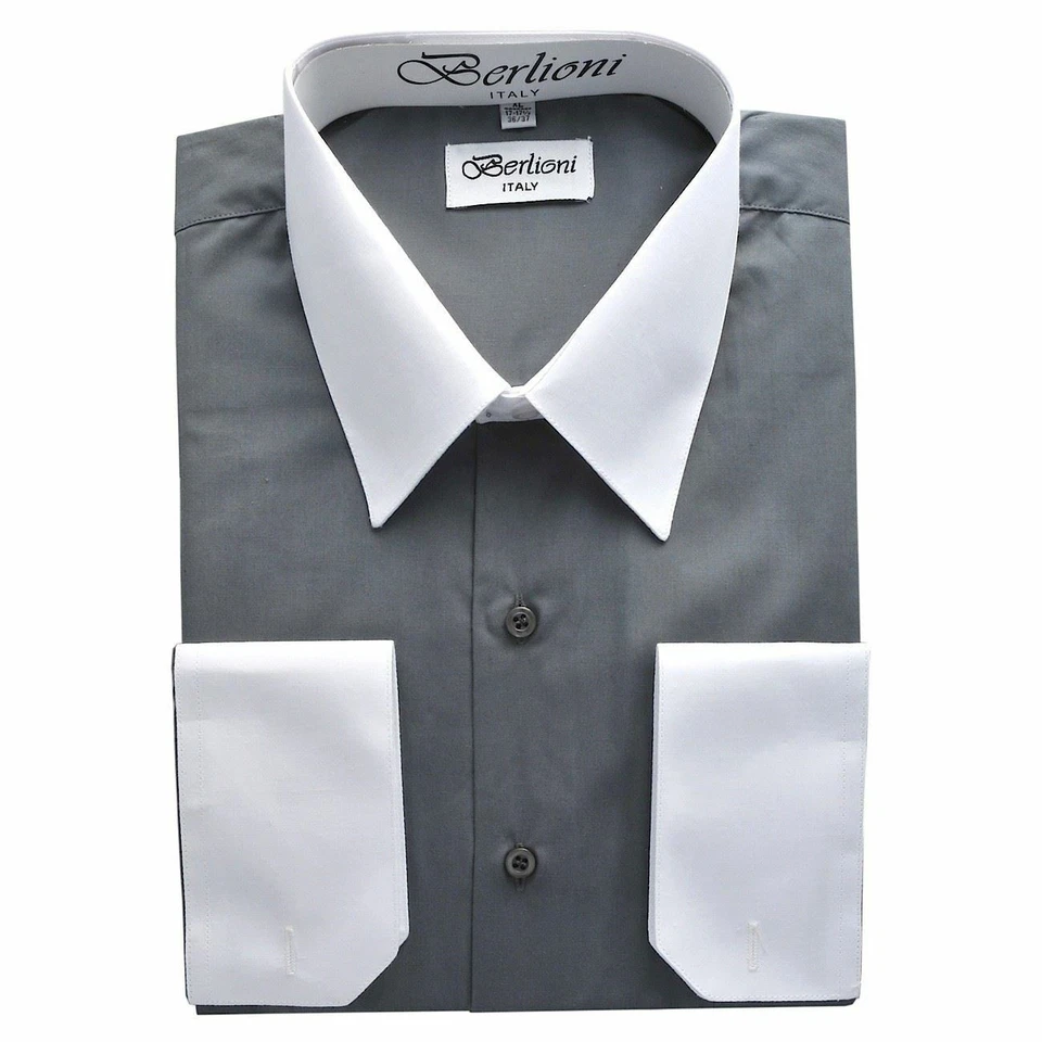 NEW BERLIONI ITALY TWO TONE MEN'S DRESS SHIRT FRENCH CONVERTIBLE CUFF CHARCOAL - Image 1 of 1