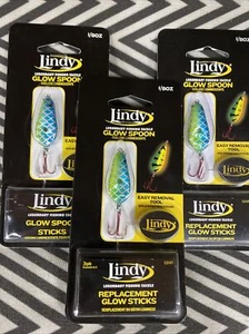 (3) Lindy Glow Spoon 1/8oz with Extra Glow Spoon Sticks Emerald Ice Fishing - Picture 1 of 3