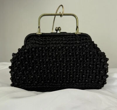 Lewis Japan Black Straw and Beaded Bag Gold Tone Handles and Snap Closure - Image 1 of 4
