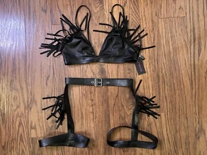 Sexy Black Straps Fringe Faux Leather Bra Leg Garter Lingerie Set Body Rage - Picture 1 of 5