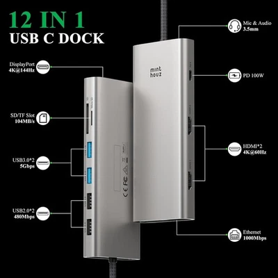 Docking Station Triple Display Monitor 12 in 1 USB C Hub with 4K Dual HDMI,4*USB - Image 1 of 4