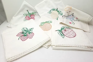 Lot-6 Set Vintage Tablecloths Muslin Embroidered Fruits Novelty Square 32x37 - Picture 1 of 14