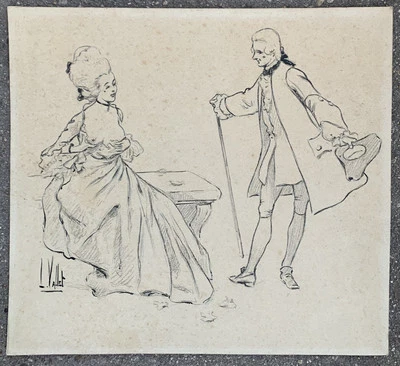 Dessin Original Fusain Encre Scène de Genre Courtisans Louis Vallet (1856-1940 - Photo 1/4