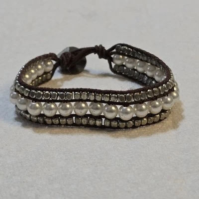 Pulsera trenzada American Eagle Outfitters cuero marrón perla años 90 y2k Foto 1 de 4