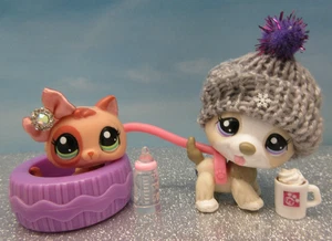 LITTLEST PET SHOP #1817 1818 CREAM WHITE HUSKY & PEACH KITTEN TIRE SLED COMPLETE - Picture 1 of 14