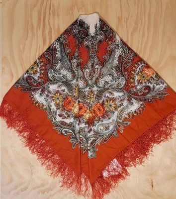 Pavlovo Posad Shawl Floral Pattern Rust Green Gold Wool Silk Fringe 50" x 50" - Image 1 of 4