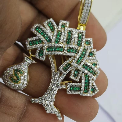 Colgante de árbol de dinero esmeralda verde creado en laboratorio redondo de 3 quilates enchapado en oro amarillo de 14 quilates Foto 1 de 4