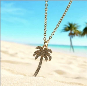 Gold Tone Embellished Palm Tree Necklace Stocking Filler Gift For Her Teen - Picture 1 of 4