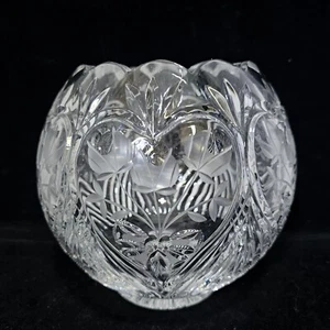 Vaso ciotola rosa cristallo trasparente pesante 24% piombo tulipani incisi top smerlato - Foto 1 di 18