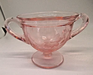 Vintage Zuckerdose rosa Depressionsglas 30er Jahre Henkel offen mit geätzten Blumen - Bild 1 von 4