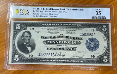 1918 $5 Federal Reserve Bank Note Minneapolis PCGS VF 35 - Image 1 of 2