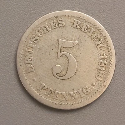 1890 D Germany 5 Pfennig Coin - Imperial Eagle - Copper-Nickel - Image 1 of 2