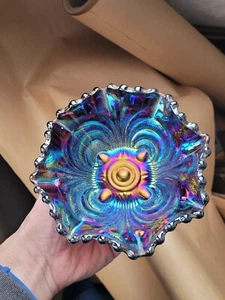ELECTRIC Purple Imperial Carnival Glass Scroll Embossed Small Berry Bowl - Picture 1 of 15