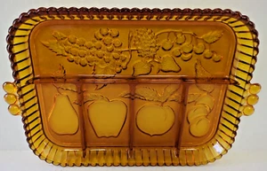 Vintage Indiana Glass Fruits Amber Divided Relish Dip Candy Tray Dish - Picture 1 of 15