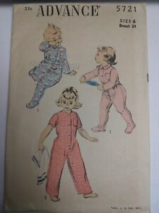 Footed Pajamas Jumper One Piece Girls 6 Advance 5721 Sewing Pattern VTG 50's Cut