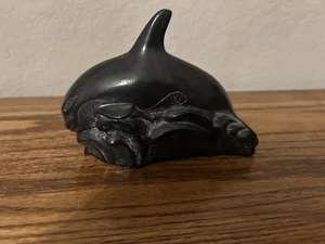 Vintage Wolf Original Orca Sculpture Signed By Artist Black Soapstone Inuit 4” - Picture 1 of 10