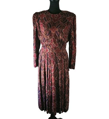 Vestido Karin Stevens Manga Larga Paisley Plisado 100% Rayón Talla 14 P Vintage Años 80 Foto 1 de 4