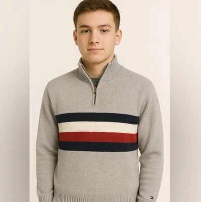 Tommy Hilfiger Boys 1/4 Zip Knit Pullover Gray Stripes Red Blue (16/18) LARGE - Image 1 of 4