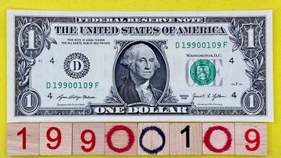 1990 1 September Birthday Note 19900109 Fancy Serial Number $1 Dollar Bill FRN - Image 1 of 4