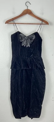 Vestido Vintage Gunne Sax Negro Terciopelo Sin Mangas con Lazo de Lentejuelas Talla 5 Peplum Foto 1 de 4