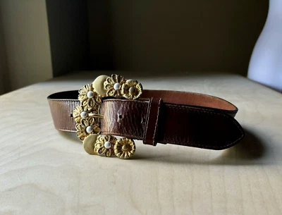 Vintage 90's Brown Leather Express Compagnie Internationale Gold Wide Belt, S - Image 1 of 4