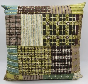 Vintage 12 × 12 Patchwork Pillow Accent Boho Toss Pillow Green Blue Brown Square - Picture 1 of 5